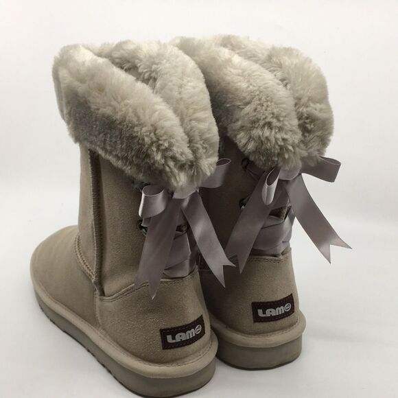 Lamo Audrey Suede and faux fur lined Boots in Dove Gray & Tan Sz 9 ribbon detail - Picture 4 of 16
